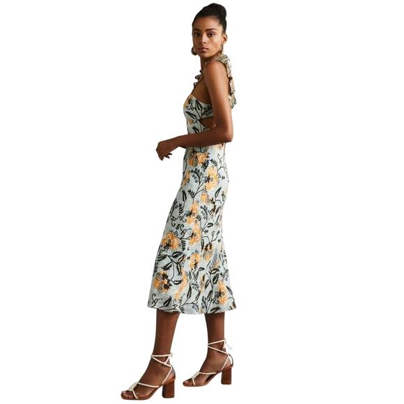 By Anthropologie Halter/Bra Slim Midi Dress Sz 8 Mint Green Floral Peekaboo Side - Picture 2 of 14